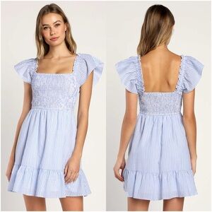LULU’S Sheer Delight Blue Striped Smocked Ruffled Mini Dress